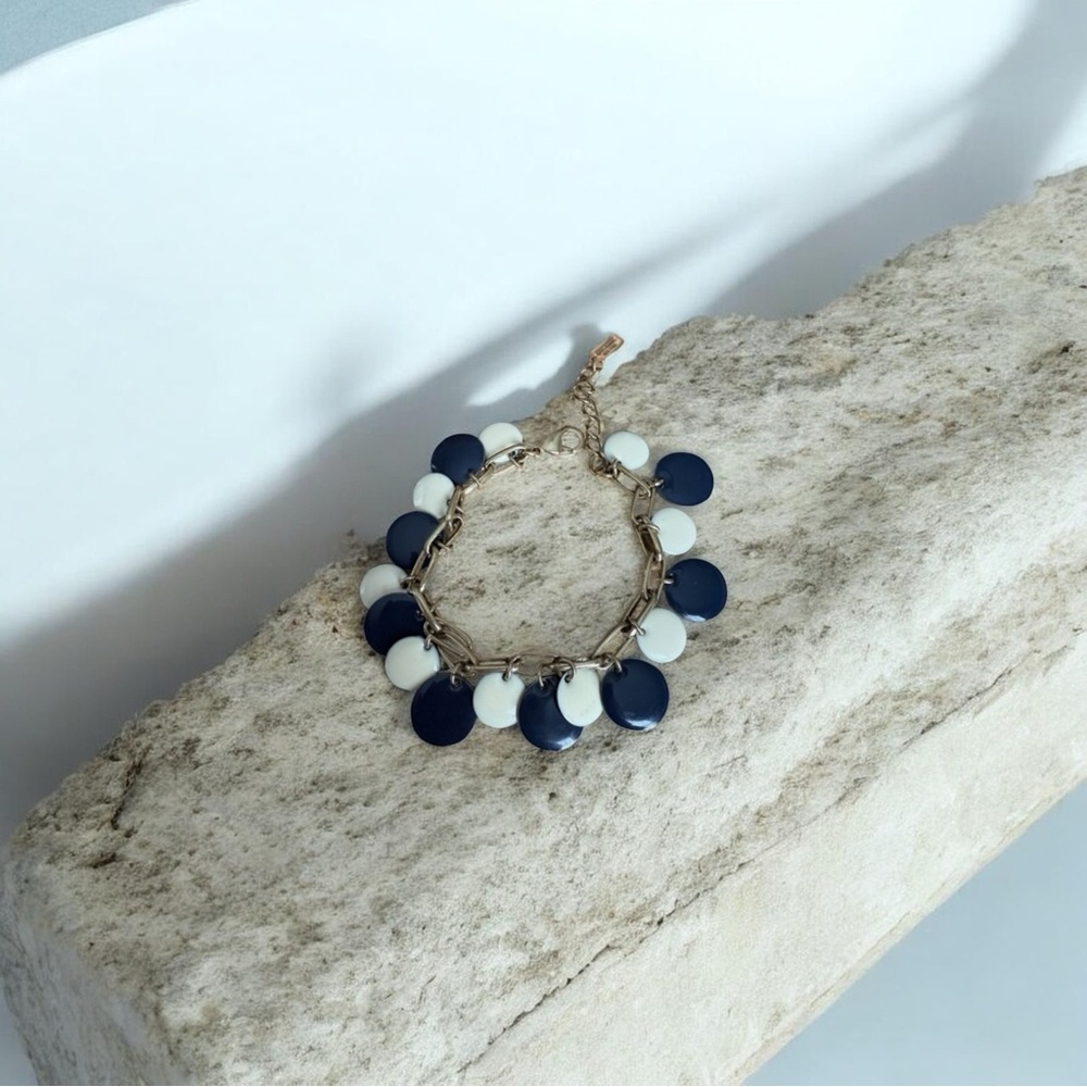 Kate Spade Navy & Cream Circle Charm Bracelet Gold Tone Links - Picture 3 of 6